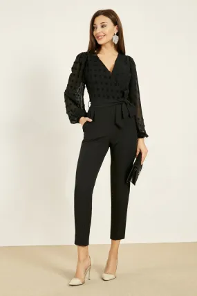 16128 Black Patterned Chiffon Sleeve Jumpsuit