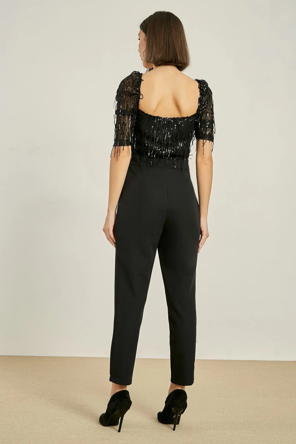 16166 Black Sequin Tassel Top Jumpsuit