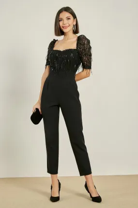 16166 Black Sequin Tassel Top Jumpsuit