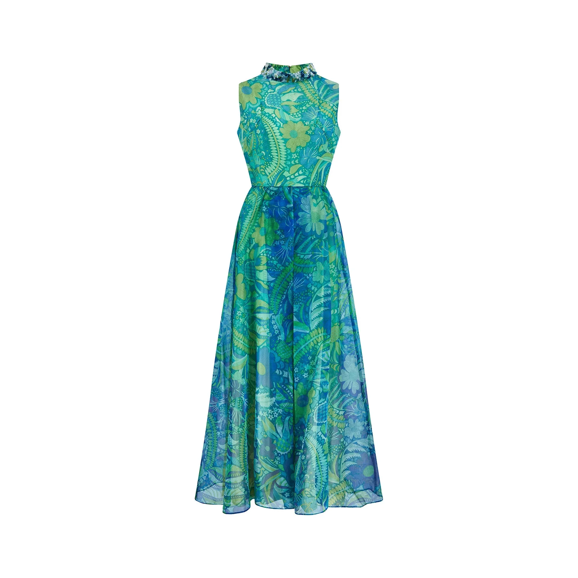 1960s Polmarks Green and Blue Sequinned Georgette Floral Jumpsuit