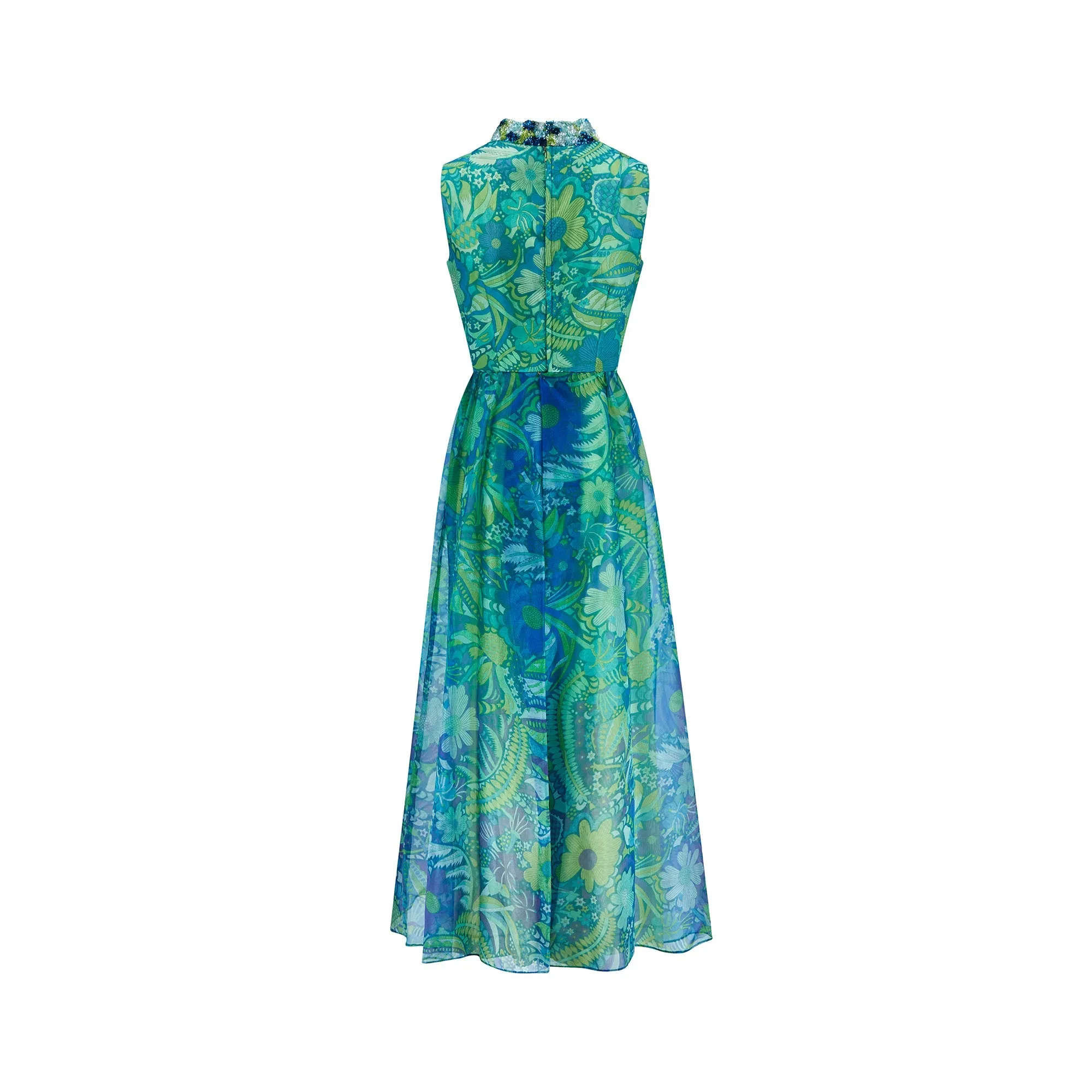 1960s Polmarks Green and Blue Sequinned Georgette Floral Jumpsuit