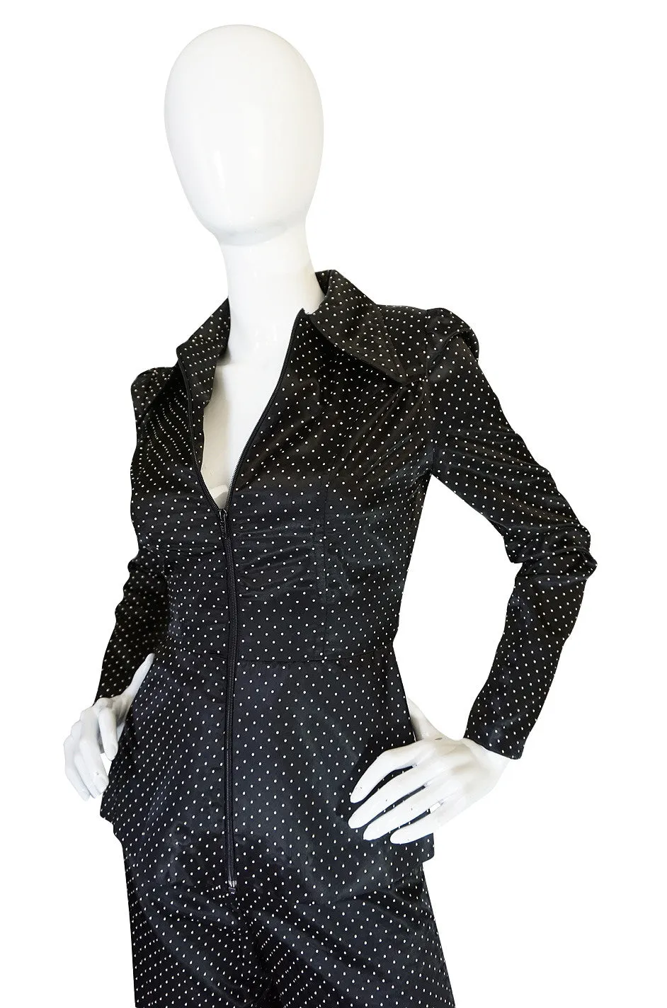 1970s Fabulous Dotted Slippery Satin Flared Pantsuit