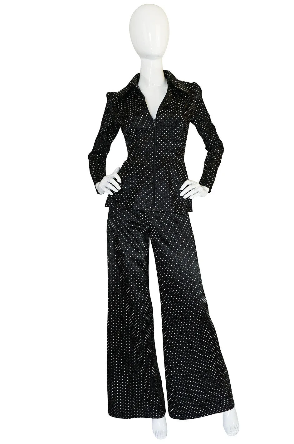 1970s Fabulous Dotted Slippery Satin Flared Pantsuit