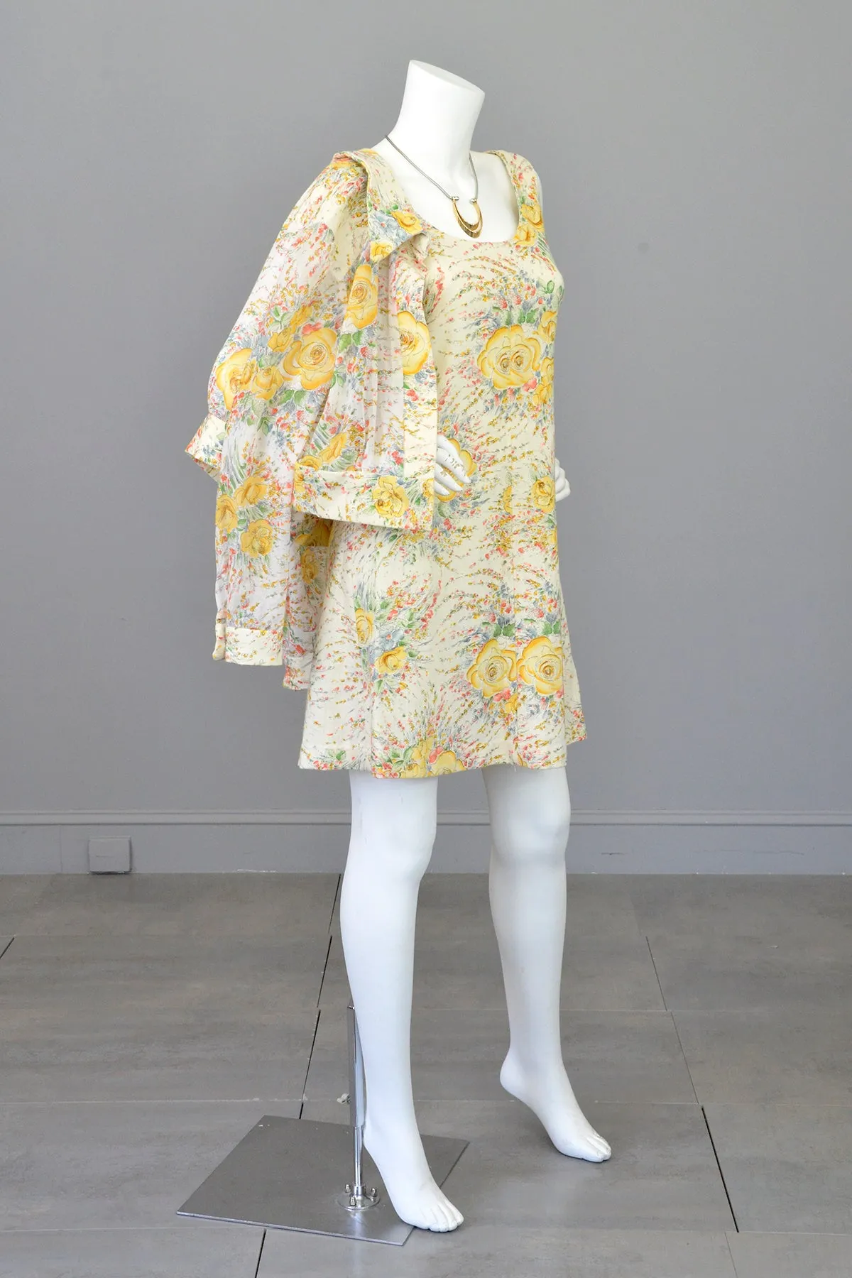 1970s Rose Print A-Line Jumper Dress and Matching Cropped Jacket