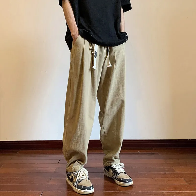 2023 Spring Loose Straight-leg Men's Pants Drawstring Casual Solid Color Japanese Male Trousers Fashion Man Pants