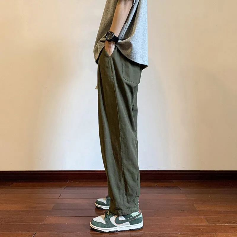 2023 Spring Loose Straight-leg Men's Pants Drawstring Casual Solid Color Japanese Male Trousers Fashion Man Pants