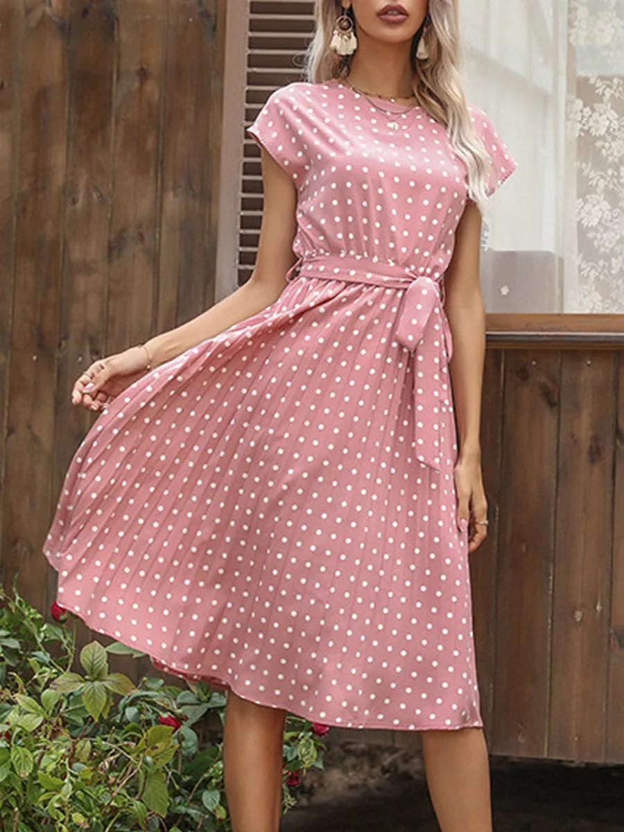 A-Line Pleated Midi Dress with Polka Dot Pattern