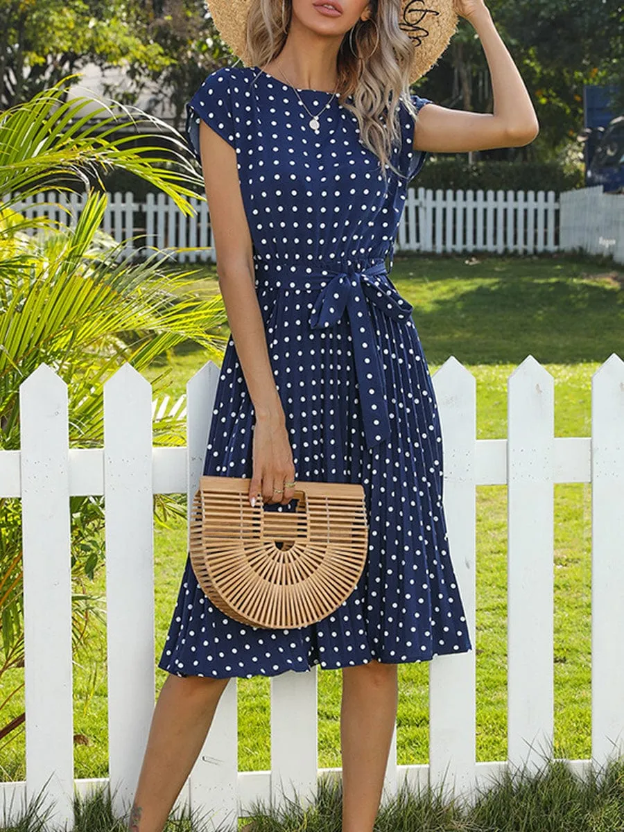 A-Line Pleated Midi Dress with Polka Dot Pattern