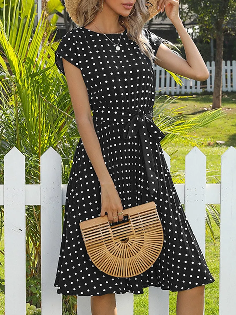 A-Line Pleated Midi Dress with Polka Dot Pattern