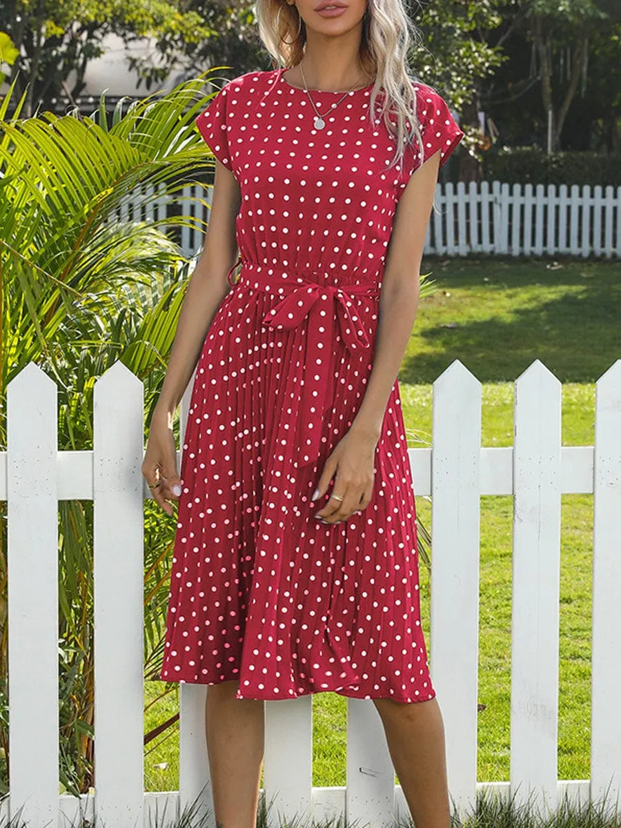 A-Line Pleated Midi Dress with Polka Dot Pattern