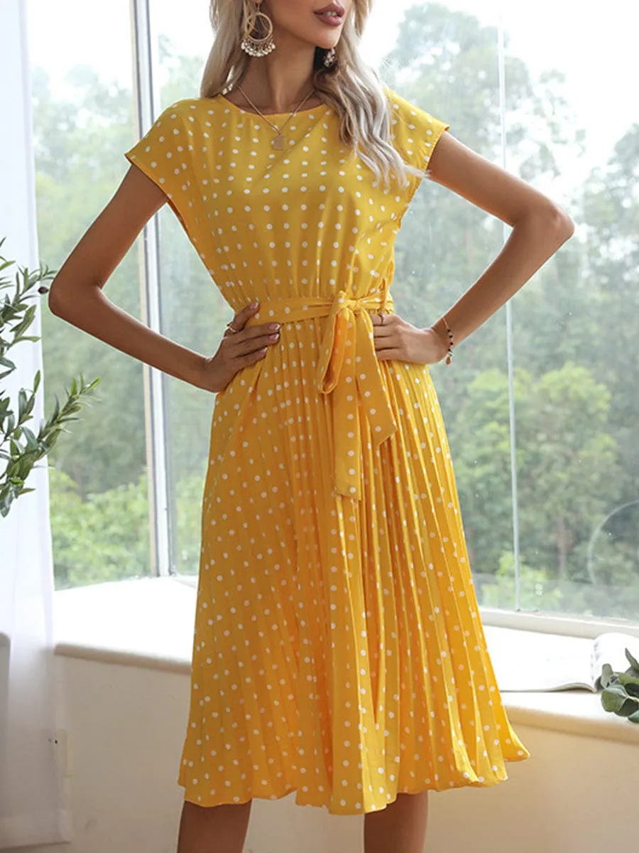 A-Line Pleated Midi Dress with Polka Dot Pattern