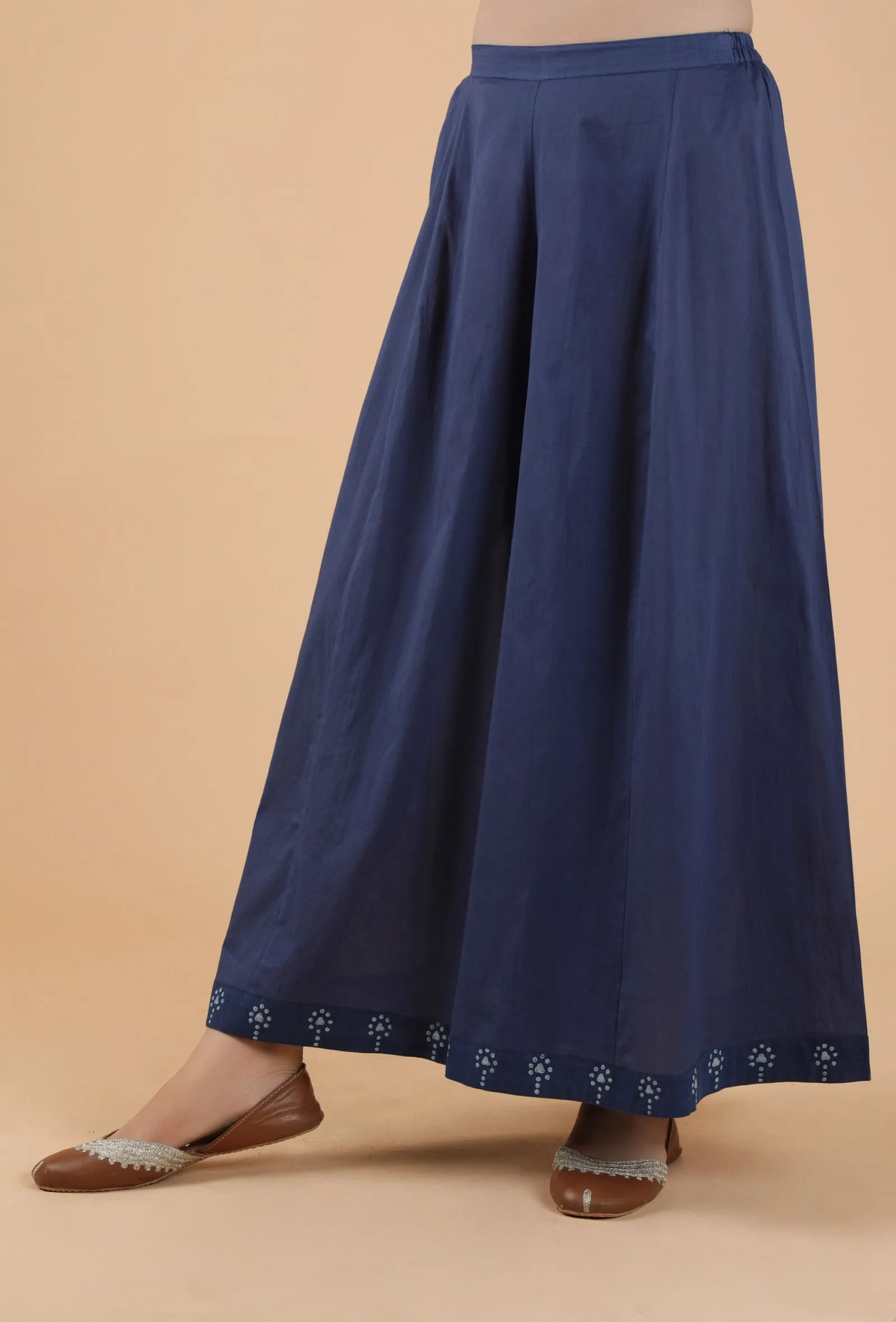 Aadhila Indigo Solid Blue Flared Kalidar Palazzo Pants With Print Border