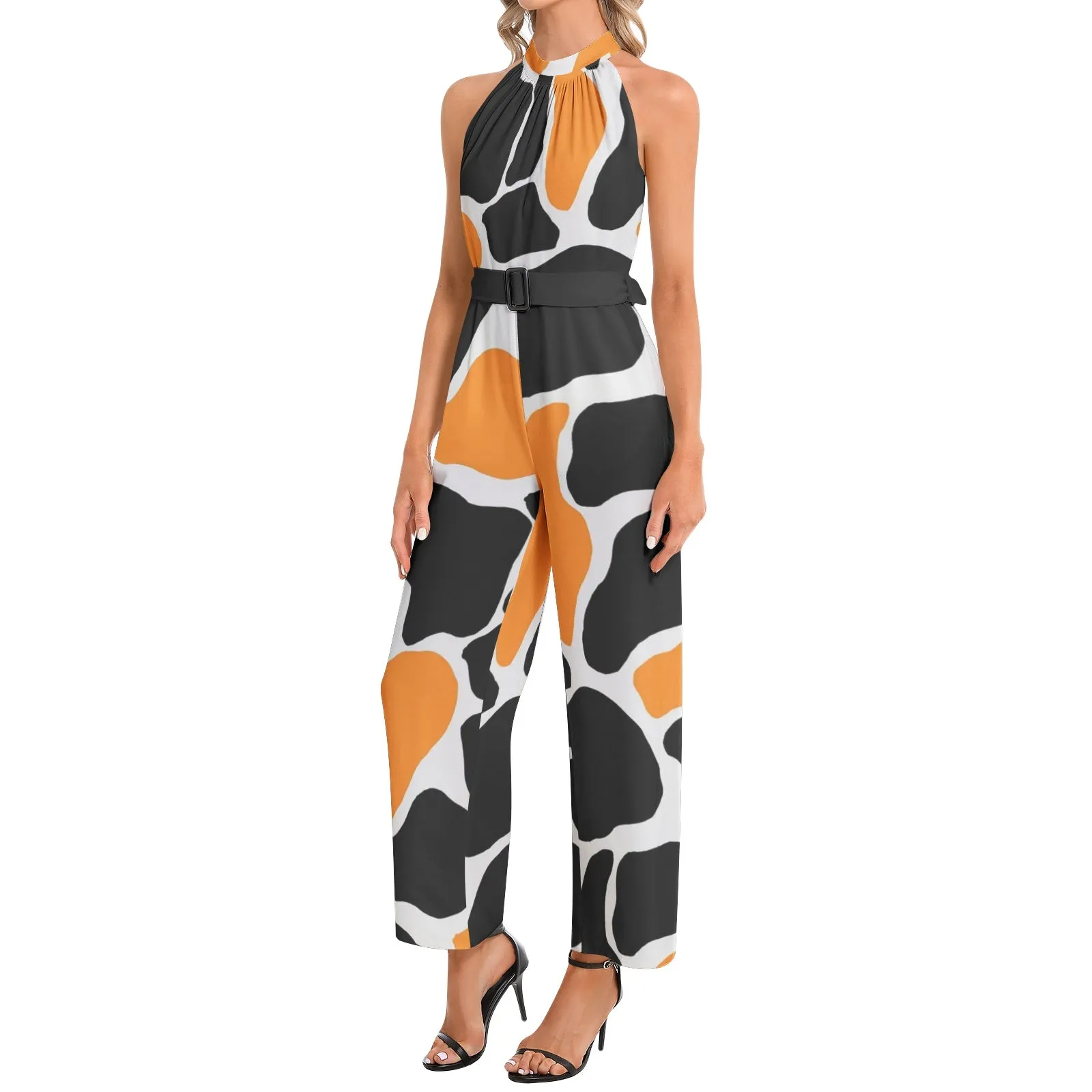 Abstract Animal Print Halter Neck Buckle Belted Jumpsuit