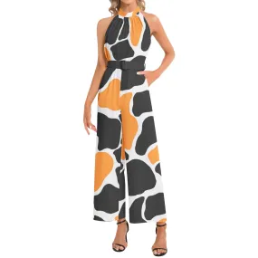 Abstract Animal Print Halter Neck Buckle Belted Jumpsuit