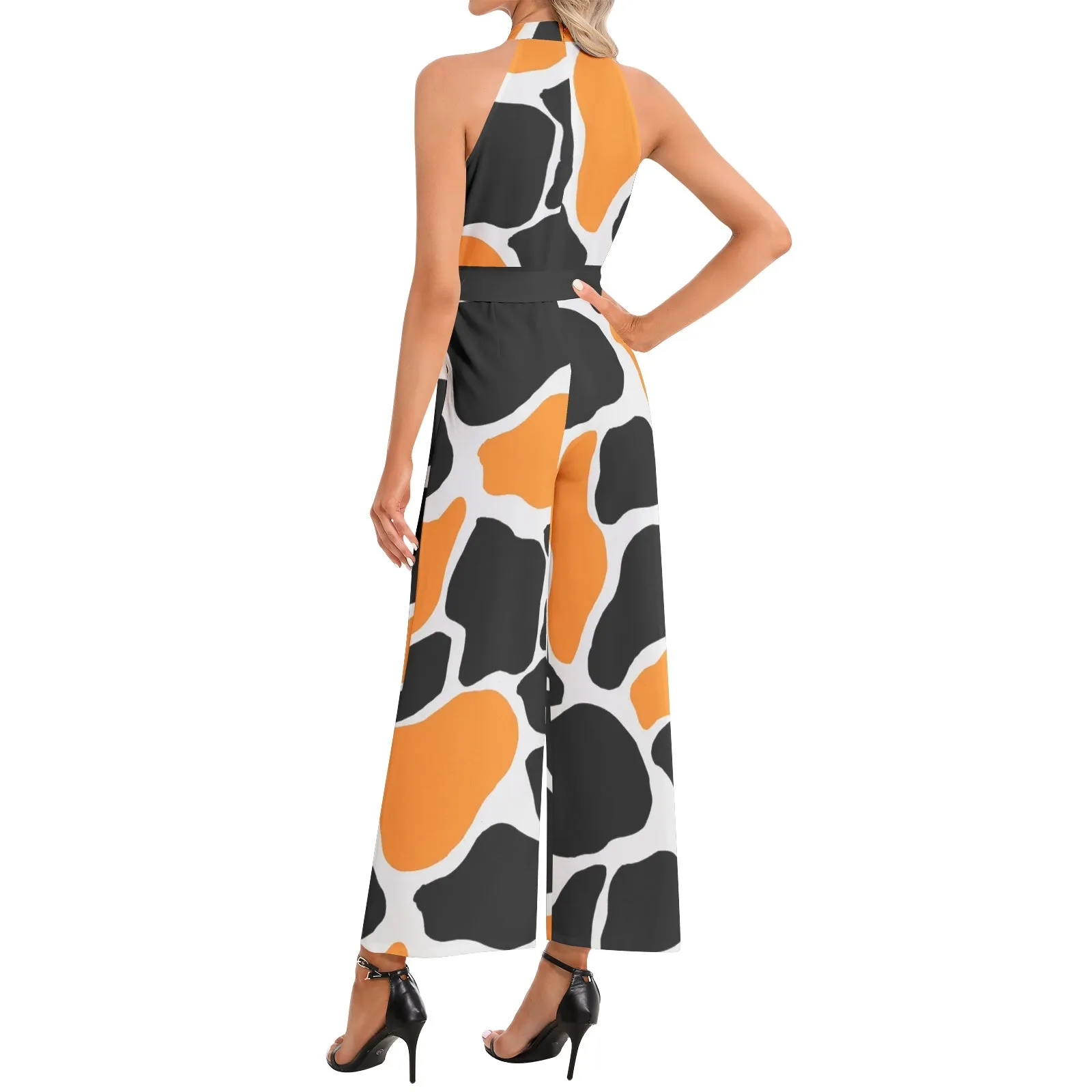 Abstract Animal Print Halter Neck Buckle Belted Jumpsuit