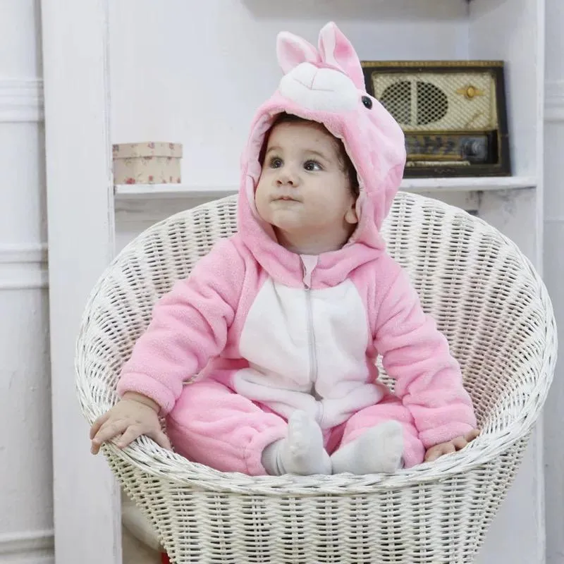 Adorable Baby Fleece-lined Bunny Style Jumpsuits Pink and White