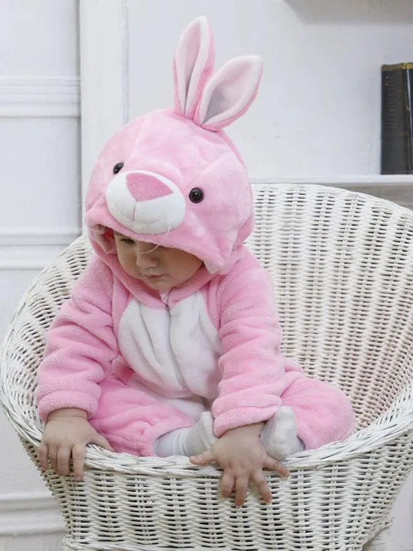 Adorable Baby Fleece-lined Bunny Style Jumpsuits Pink and White