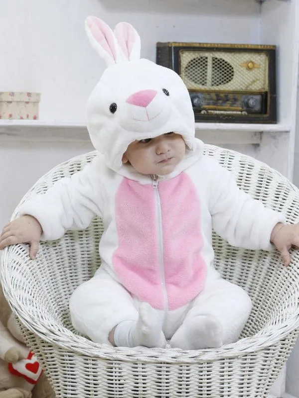 Adorable Baby Fleece-lined Bunny Style Jumpsuits Pink and White