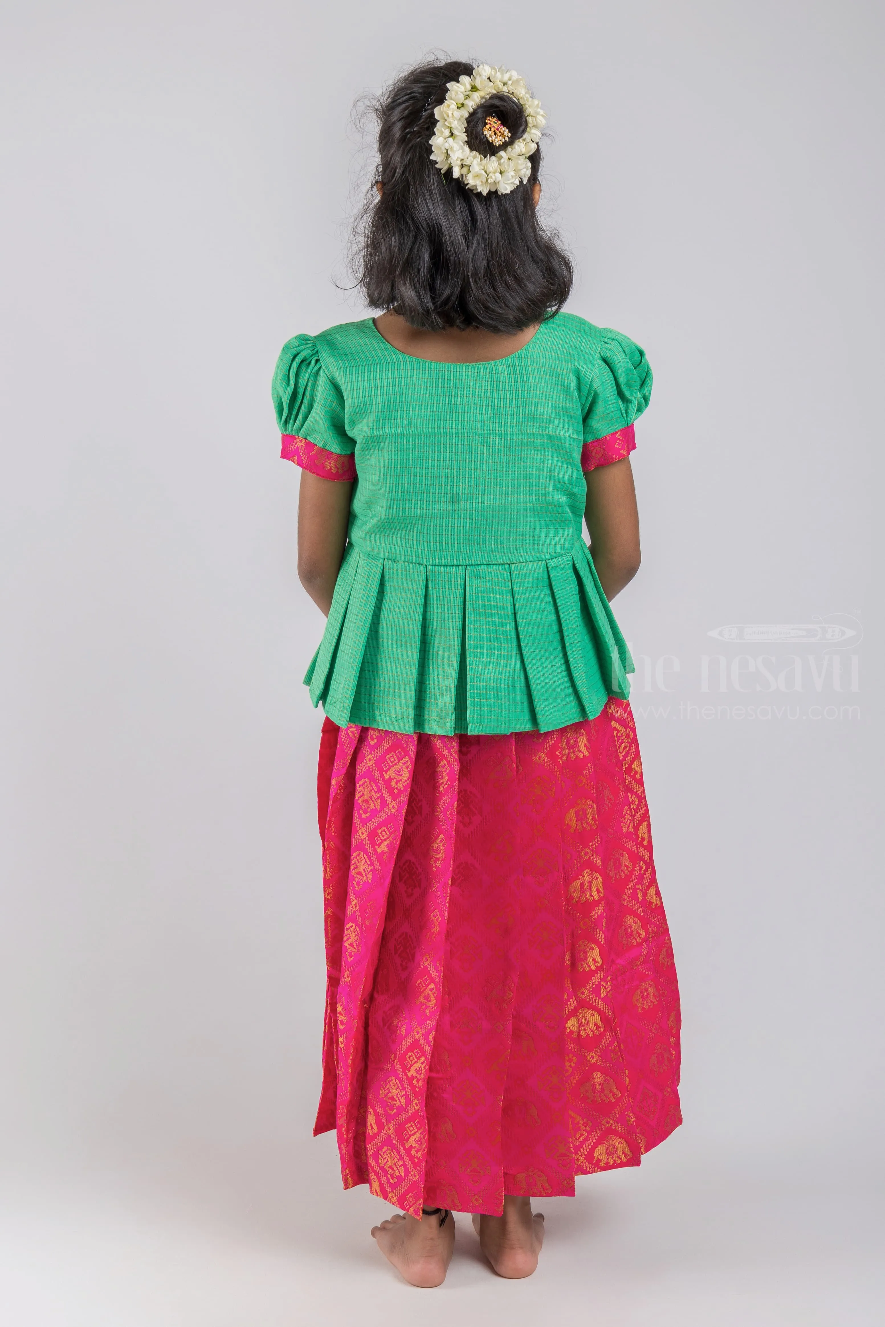 Adorable Green Silk Blouse And Pink Pleated Designer Silk Skirt For Girls