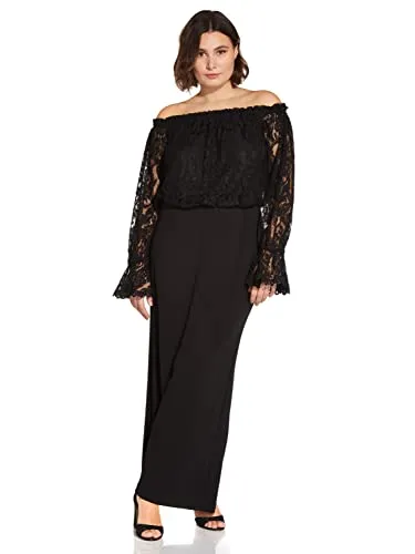 Adrianna Papell Women's Knit Crepe Wide Leg Jumpsuit with Off the Shoulder Lace Top, Black, 24