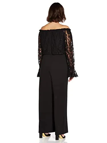 Adrianna Papell Women's Knit Crepe Wide Leg Jumpsuit with Off the Shoulder Lace Top, Black, 24