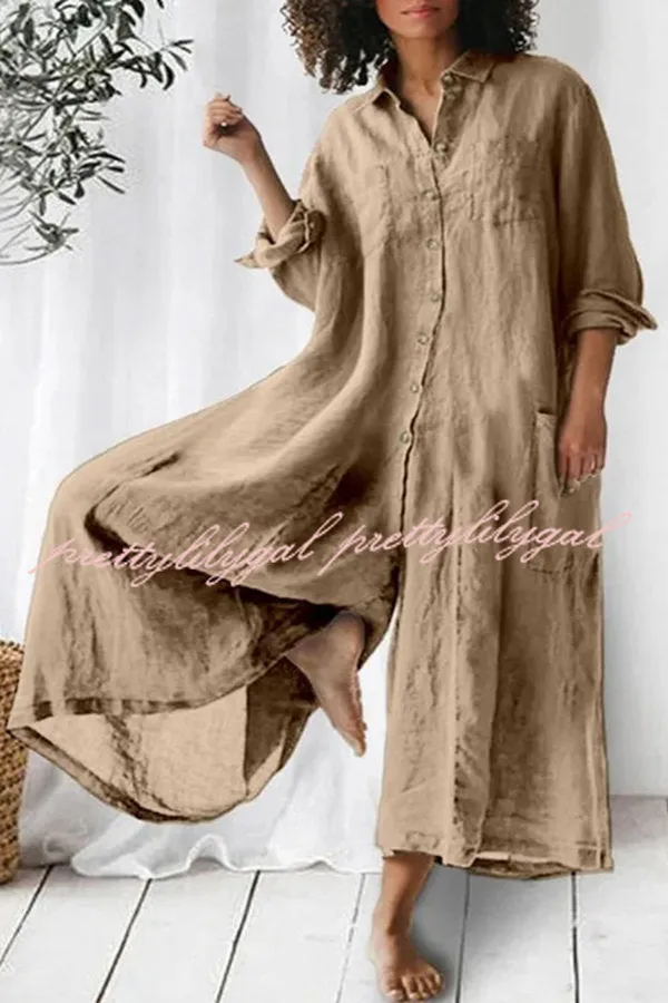 Amaris Cotton and Linen Blend Long Sleeve Loose Wide Leg Shirt Jumpsuit