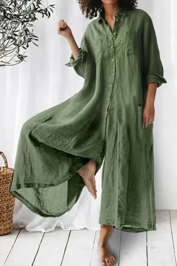 Amaris Cotton and Linen Blend Long Sleeve Loose Wide Leg Shirt Jumpsuit