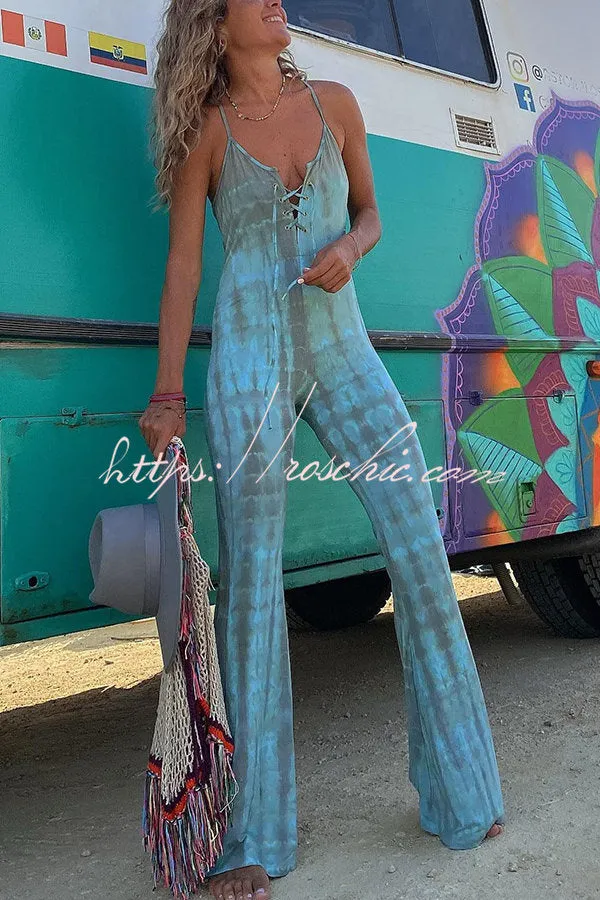 Amelie Tie-dye Print Front Lace-up Stretch Flare Jumpsuit