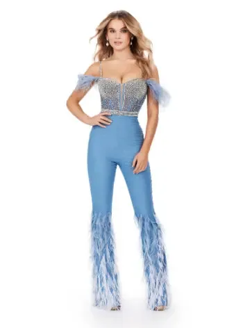 Ashley Lauren 11513  Denim Jumpsuit  Beaded Bustier  Corset  Ombre Feather Formal Prom