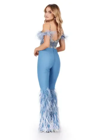 Ashley Lauren 11513  Denim Jumpsuit  Beaded Bustier  Corset  Ombre Feather Formal Prom