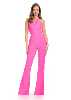 Ashley Lauren 11835 Size 6 Hot Pink Formal Scuba Jumpsuit Pageant Asymmetrical Neck Strapless Interview