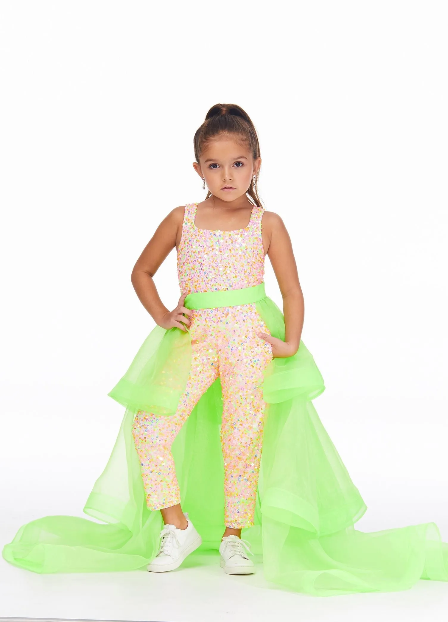 Ashley Lauren 8065 Size 10 Neon Green Kids Tiered Organza Overskirt Pageant Wear