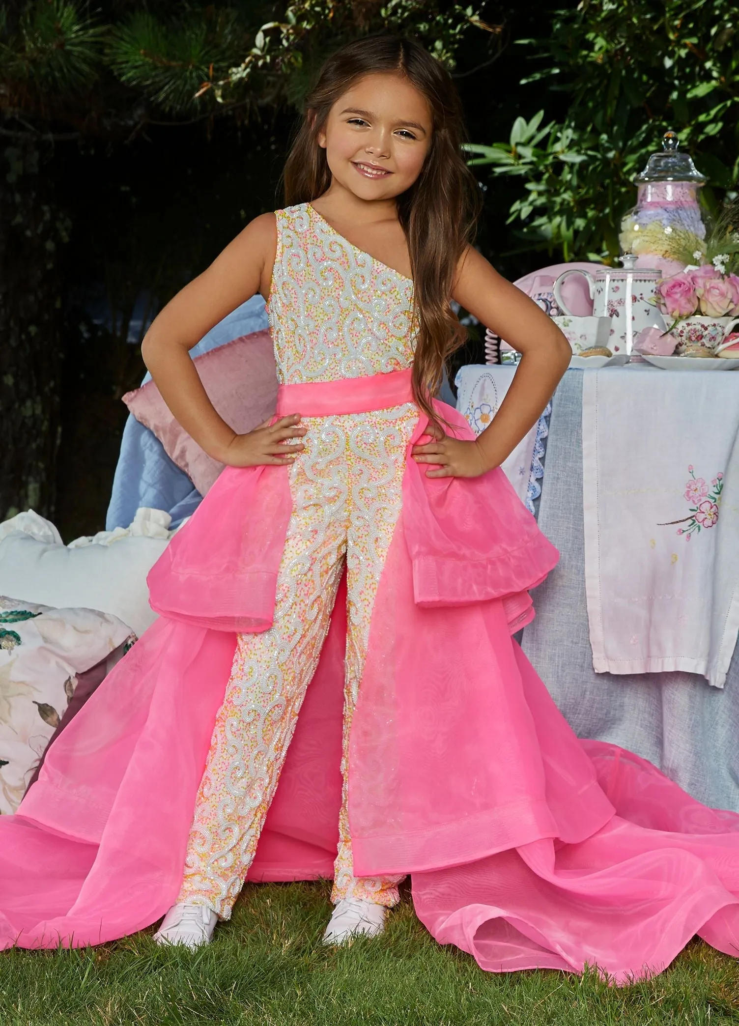 Ashley Lauren 8065 Size 10 Neon Green Kids Tiered Organza Overskirt Pageant Wear