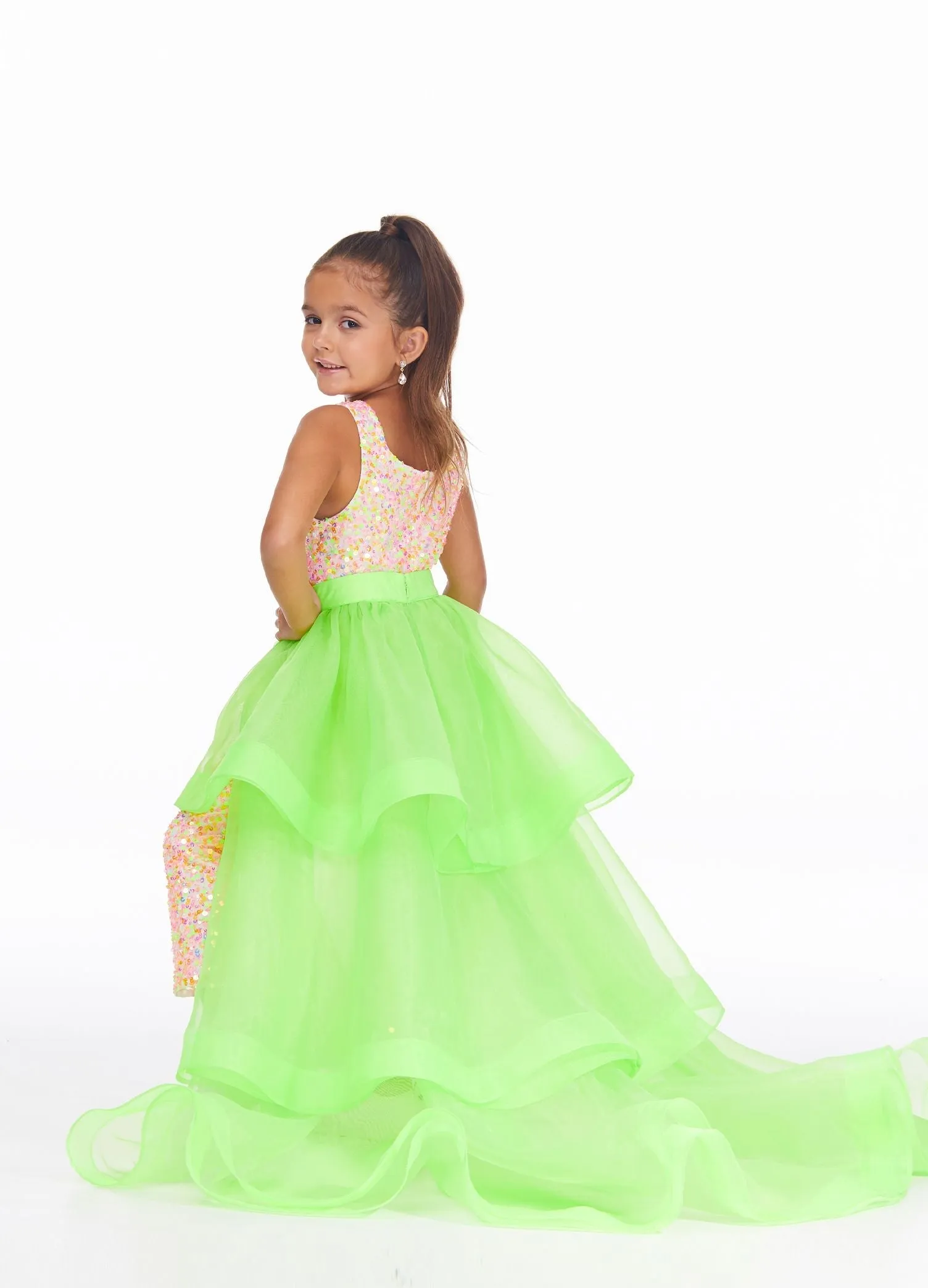 Ashley Lauren 8065 Size 10 Neon Green Kids Tiered Organza Overskirt Pageant Wear