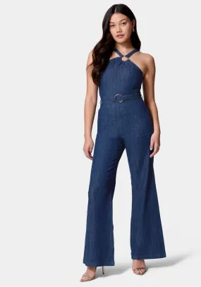 Asymmetric Neckline Wide Leg Lightweight Denim Jumpsuit