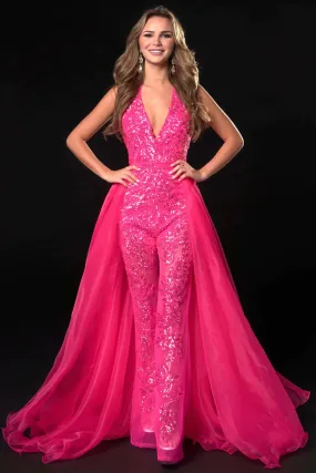 Ava Presley 37381 Size 8 Fuchsia Long Sheer Sequin Halter Jumpsuit Detachable Overskirt Pageant Fun Fashion