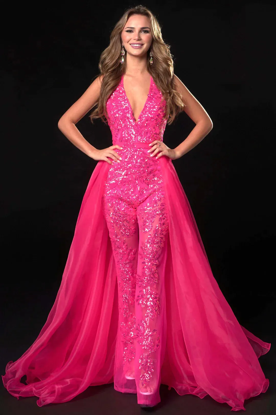 Ava Presley 37381 Size 8 Fuchsia Long Sheer Sequin Halter Jumpsuit Detachable Overskirt Pageant Fun Fashion