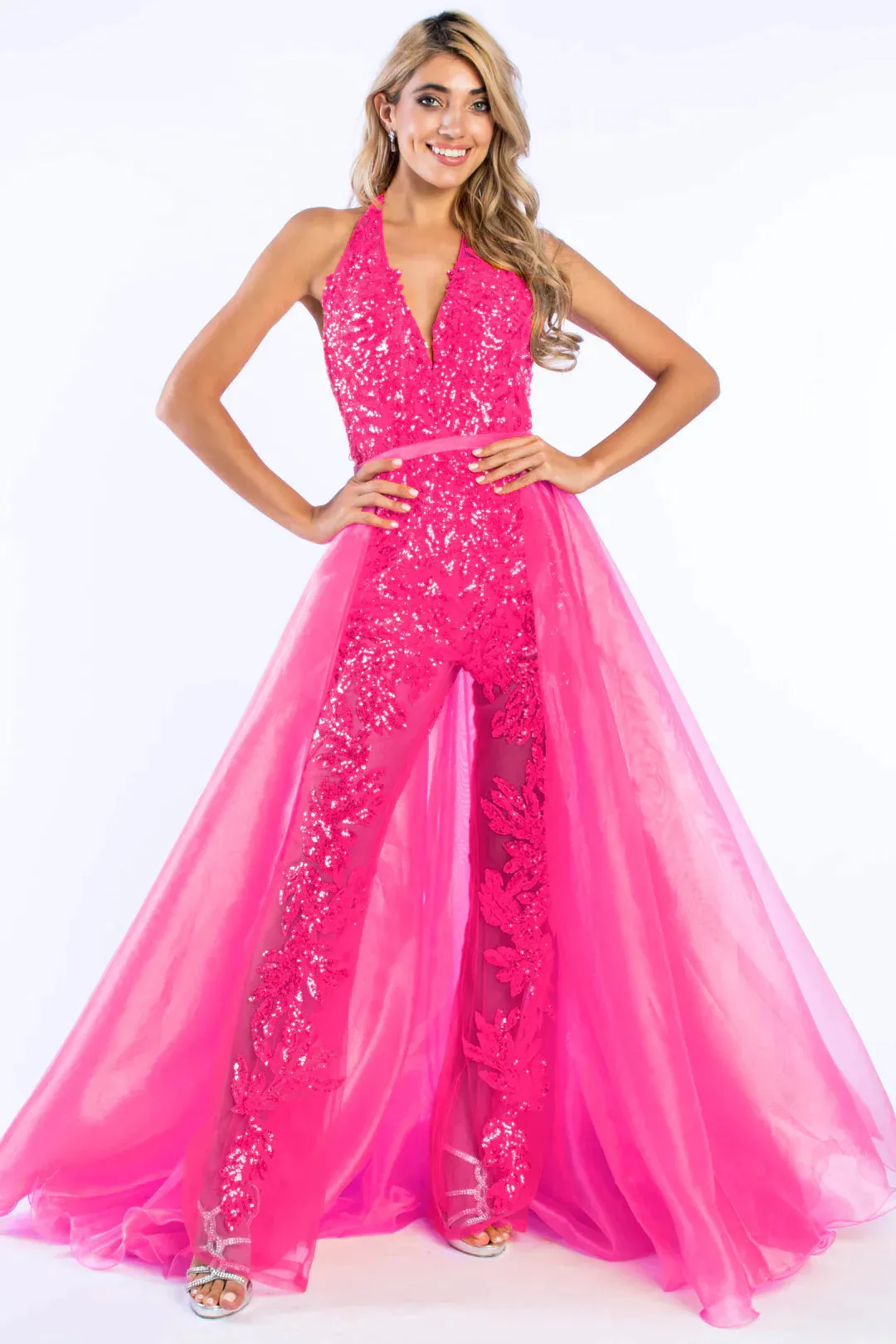 Ava Presley 37381 Size 8 Fuchsia Long Sheer Sequin Halter Jumpsuit Detachable Overskirt Pageant Fun Fashion