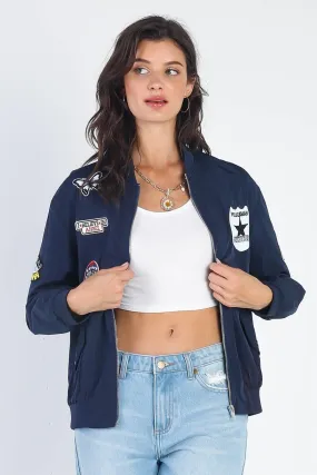 Aviator Navy Retro Patches Long Sleeve Bomber Jacket  /1-1-1