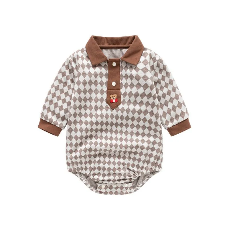 Baby's Plaid Long-Sleeve Onesie with Little Bear Embroidery (3 Colors)