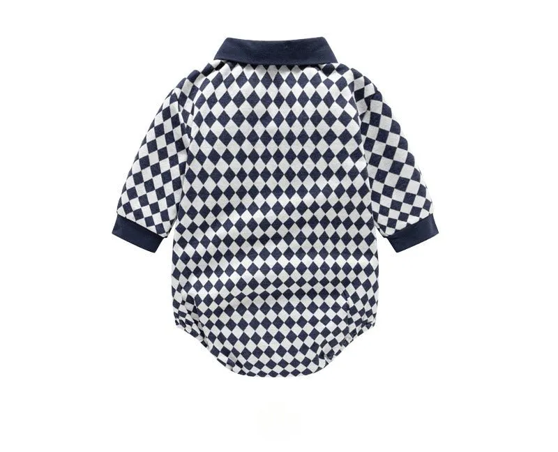 Baby's Plaid Long-Sleeve Onesie with Little Bear Embroidery (3 Colors)