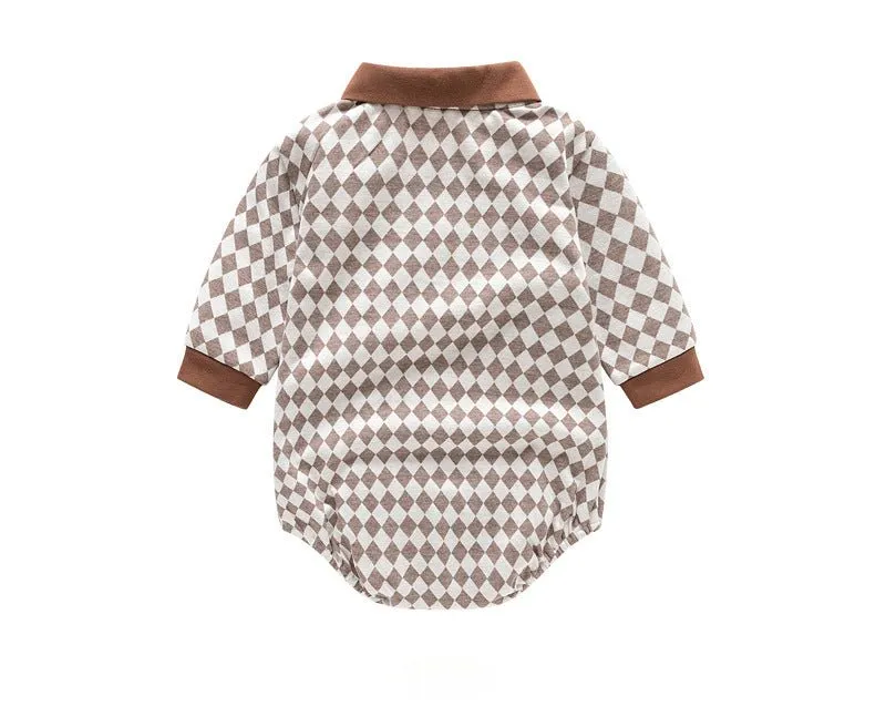 Baby's Plaid Long-Sleeve Onesie with Little Bear Embroidery (3 Colors)