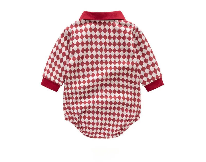 Baby's Plaid Long-Sleeve Onesie with Little Bear Embroidery (3 Colors)