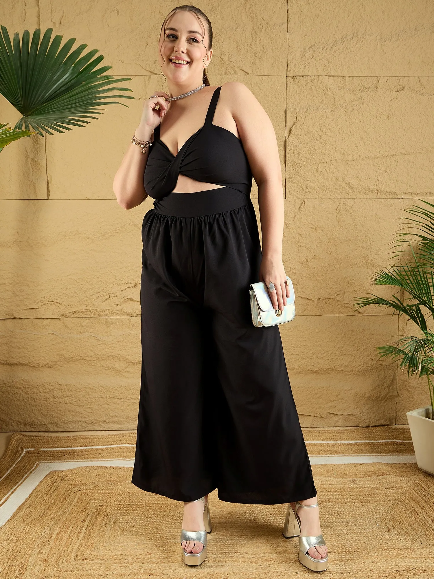 Berrylush Curve Women Solid Black Sweetheart Neck Sleeveless Front Cutout Wide-Leg Twisted Maxi Jumpsuit