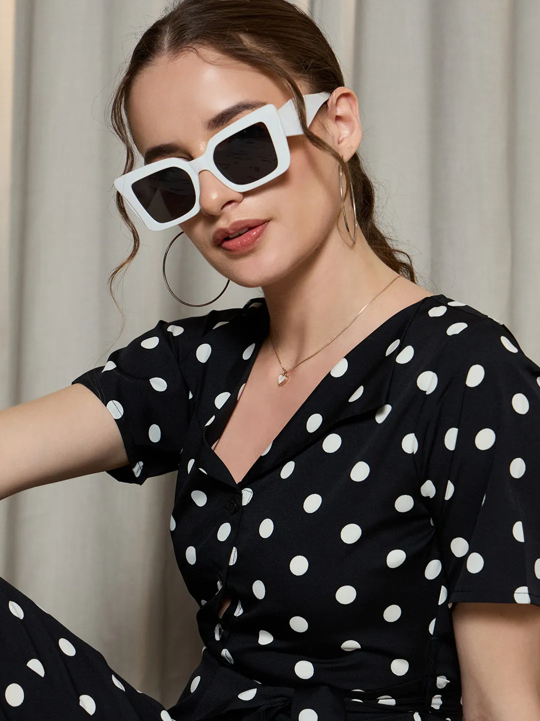 Berrylush Women Black & White Polka Dot Printed V-Neck Short Sleeves Waist Tie-Up Maxi Jumpsuit