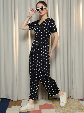 Berrylush Women Black & White Polka Dot Printed V-Neck Short Sleeves Waist Tie-Up Maxi Jumpsuit