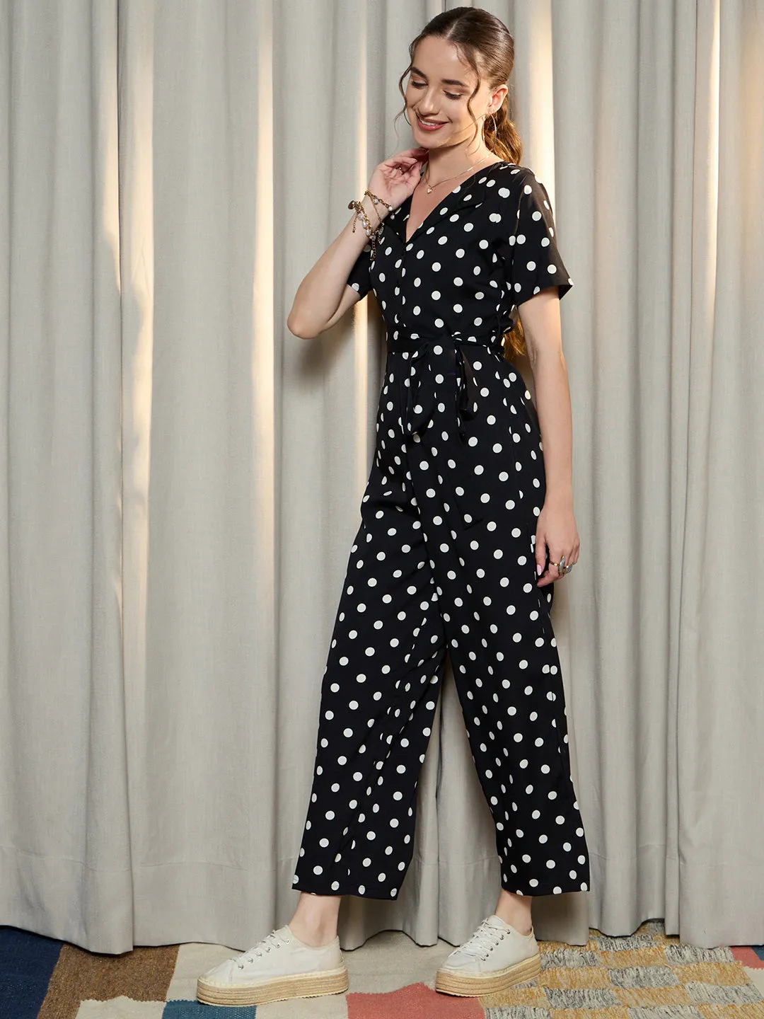 Berrylush Women Black & White Polka Dot Printed V-Neck Short Sleeves Waist Tie-Up Maxi Jumpsuit