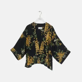 Black Chrysanthemum Crepe Short Kimono