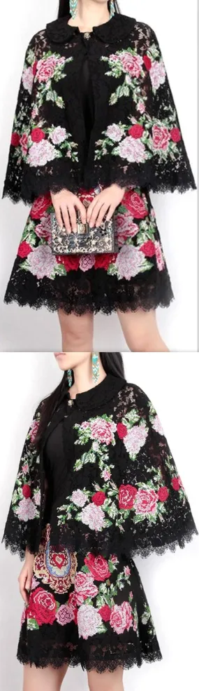 Black Floral Lace Capelet & Mini Skirt