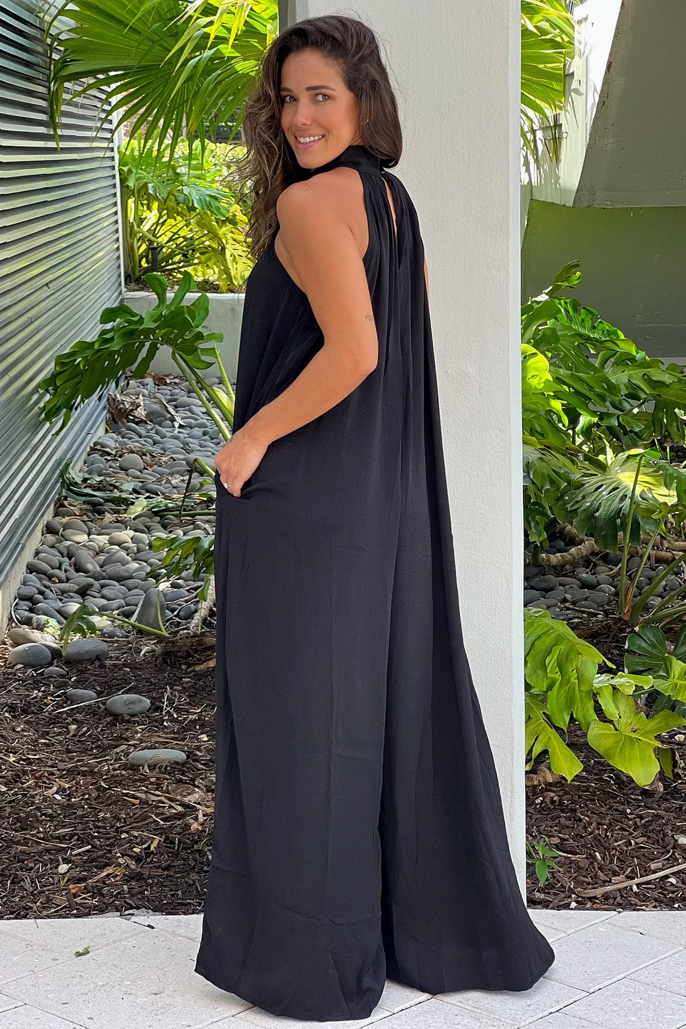 Black High Neck Jumpsuit With Pockets